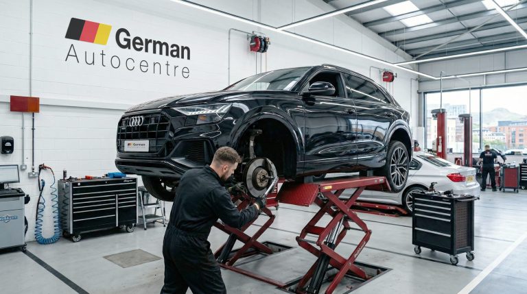 A black Audi having its brakes serviced at German Autocentre in Sheffield.