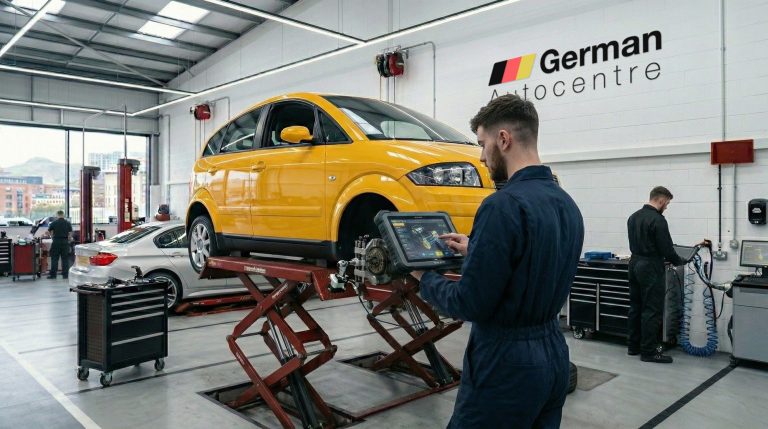 A yellow audi on a ramp at German Autocentre in Sheffield, with two technicians.
