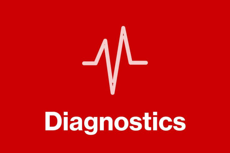 a red background with a white icon for diagnostics and the word 