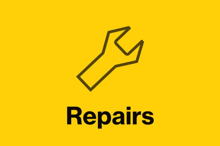 a yellow background with a dark grey spanner icon for Repairs and the word 