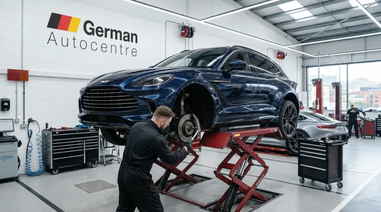Technician repairing the brakes on an Aston Martin DBX at German Autocentre