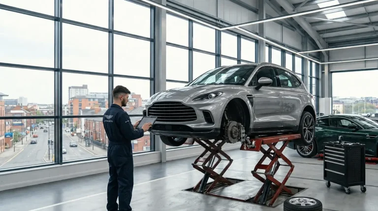 Technician inspecting an Aston Martin DBX during servicing in Sheffield