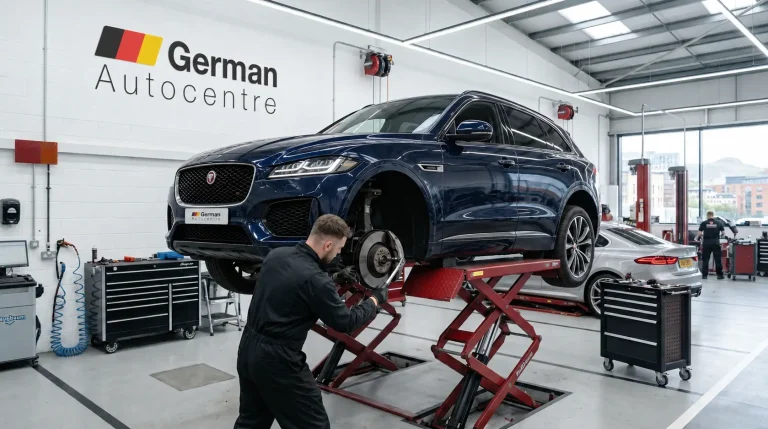 Technician repairing the brakes on a Jaguar F-PACE at German Autocentre