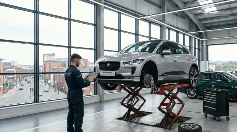 Technician inspecting a Jaguar I-PACE during servicing in Sheffield