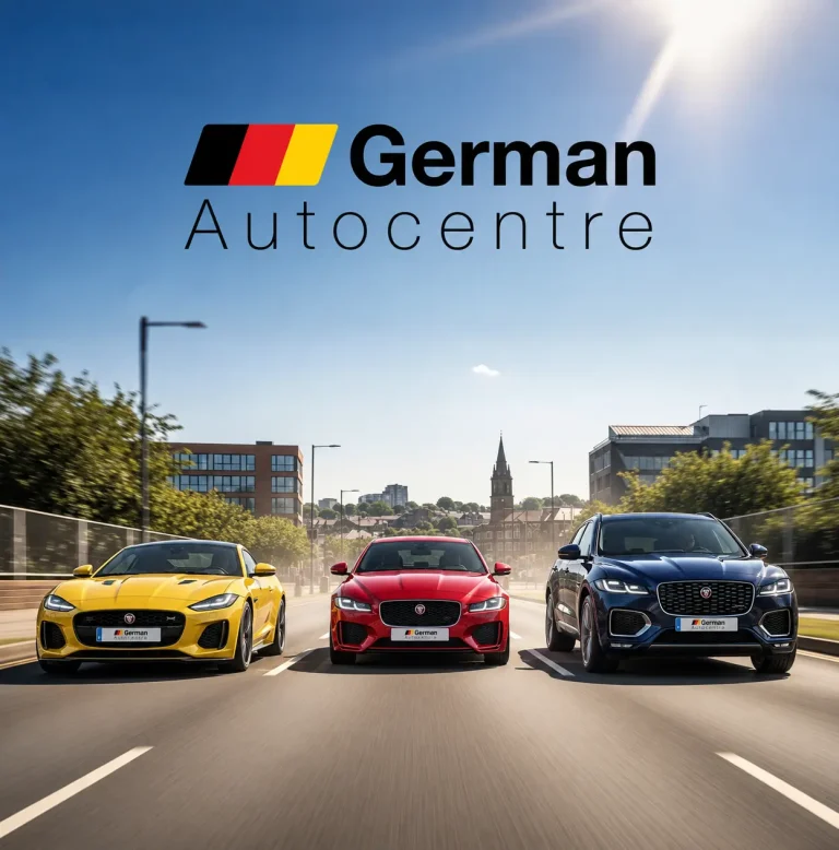 Jaguar F-TYPE, XE and F-PACE driving through Sheffield for German Autocentre