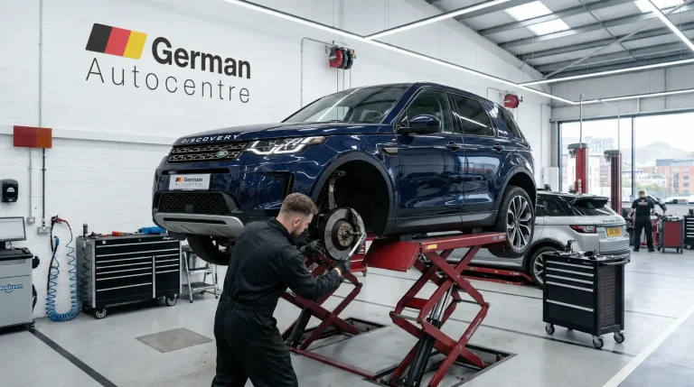 Technician repairing the brakes on a Land Rover Discovery Sport at German Autocentre