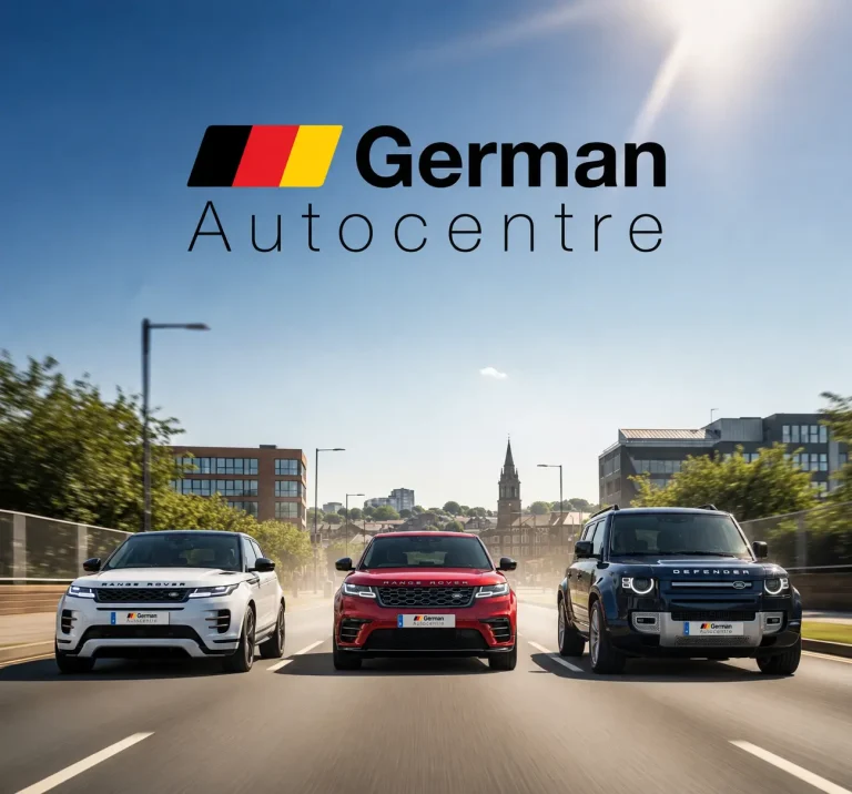Range Rover Evoque, Range Rover Velar and Land Rover Defender driving through Sheffield for German Autocentre