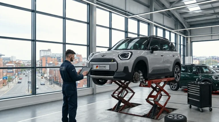 Technician inspecting a MINI Aceman during servicing in Sheffield