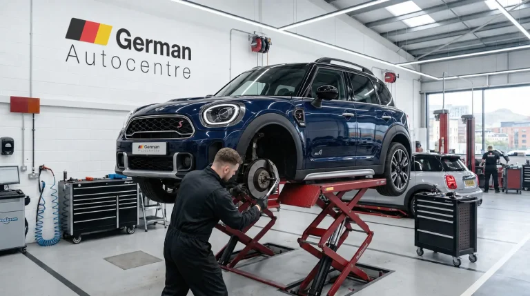 Technician repairing the brakes on a MINI Countryman at German Autocentre