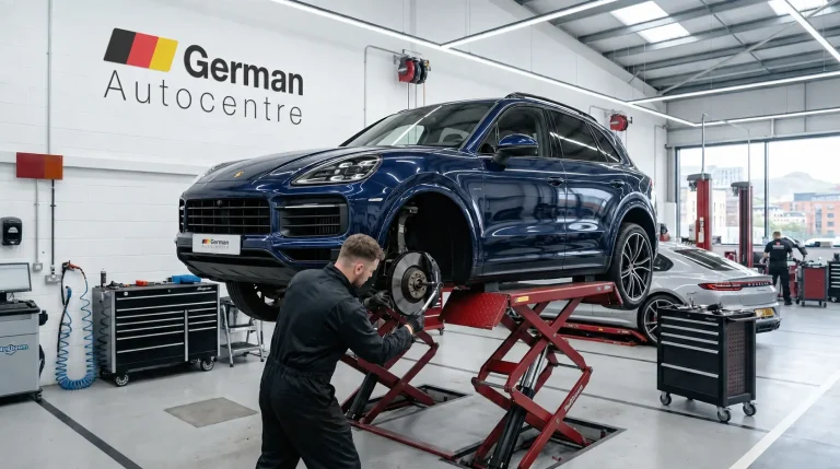 Technician repairing the brakes on a Porsche Cayenne at German Autocentre