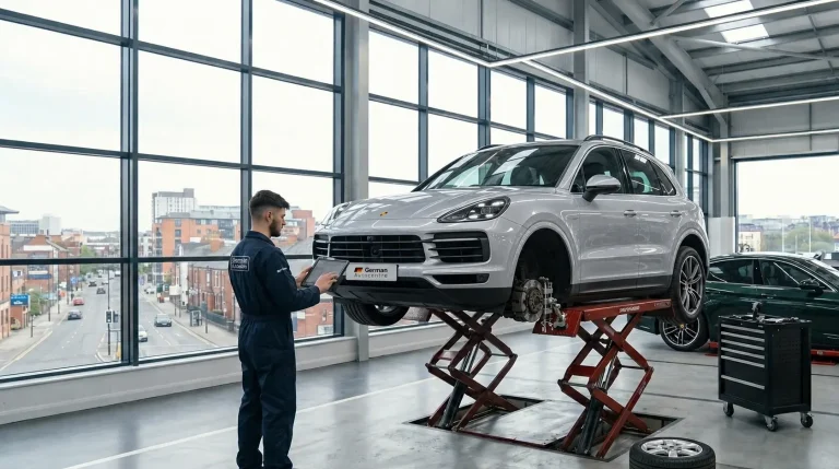 Technician inspecting a Porsche Cayenne during servicing in Sheffield