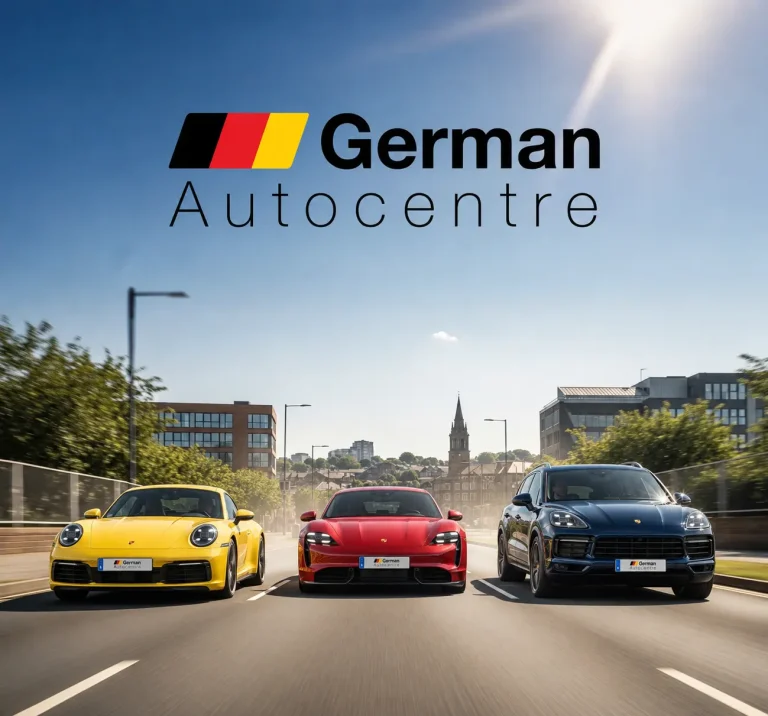 Porsche 911, Taycan and Cayenne driving through Sheffield for German Autocentre