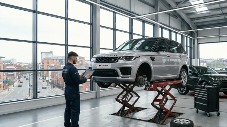 Technician inspecting a Range Rover Sport during servicing in Sheffield