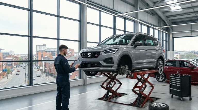 Technician inspecting a SEAT Tarraco during servicing in Sheffield