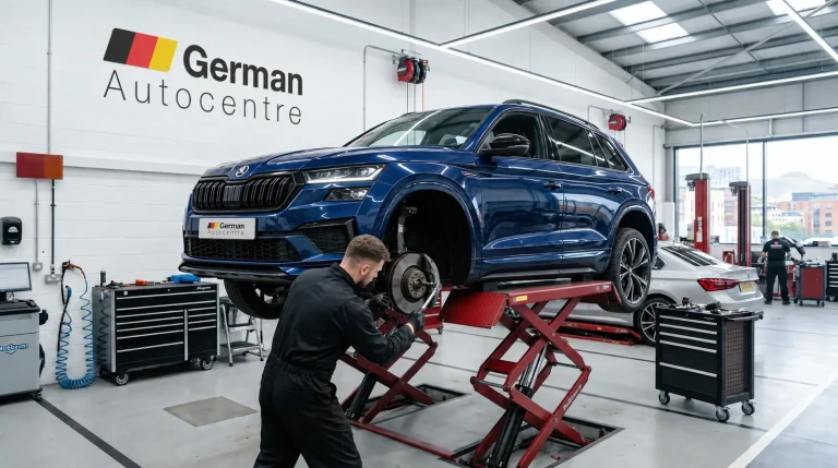 Technician repairing the brakes on a Skoda Kodiaq at German Autocentre