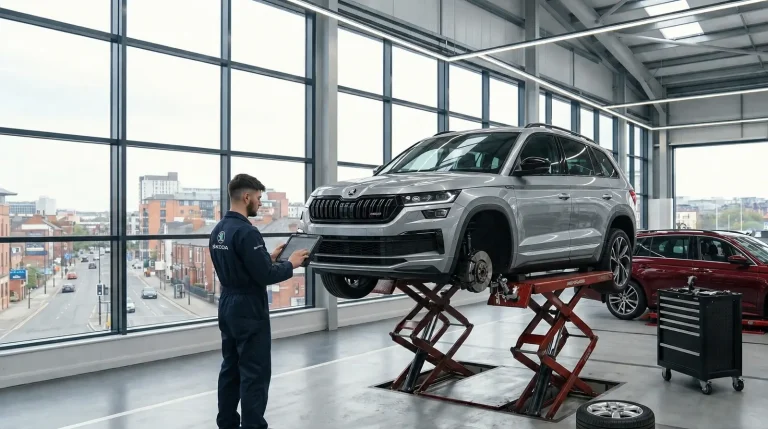 Technician inspecting a Skoda Kodiaq during servicing in Sheffield