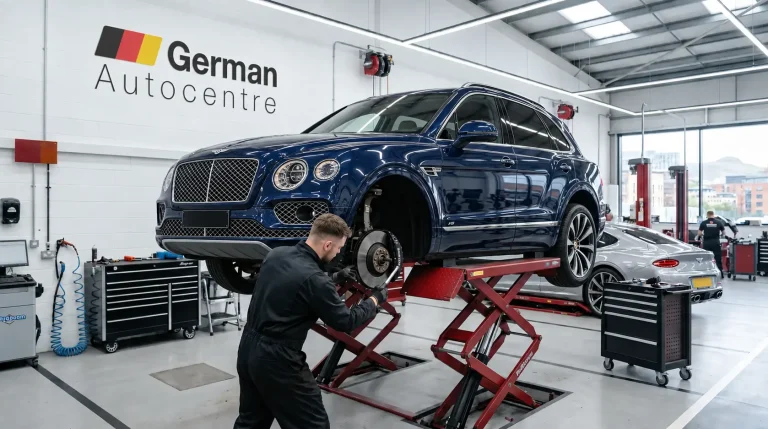 Technician repairing the front brakes of a blue Bentley Bentayga at German Autocentre