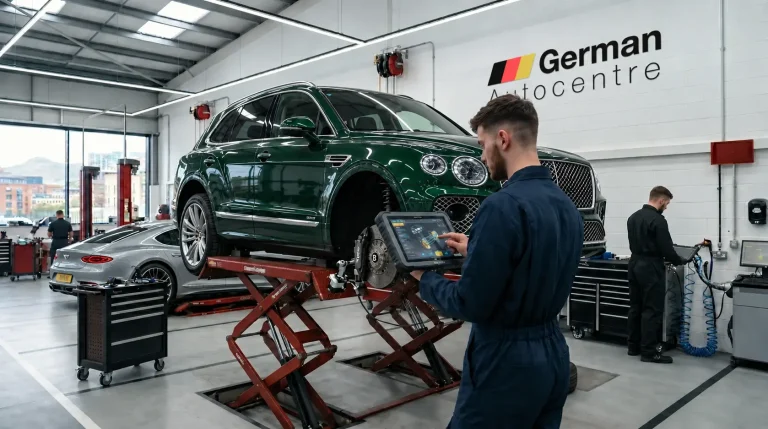 Technician using diagnostic equipment beside a green Bentley Bentayga on a workshop lift