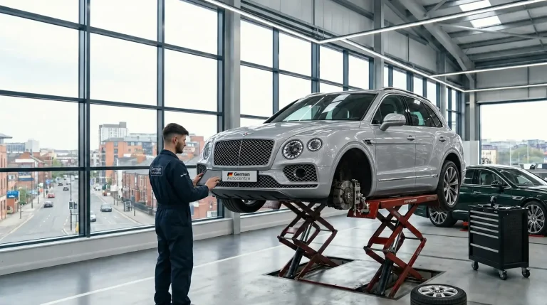 Technician inspecting a silver Bentley Bentayga with its front wheel removed