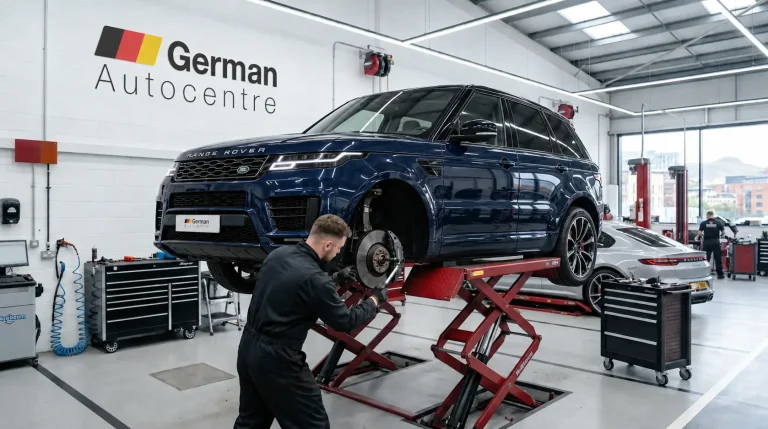Technician carrying out a brake repair on a blue Range Rover Sport at German Autocentre in Sheffield