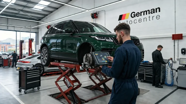 Technician using diagnostic equipment on a green Range Rover Velar in the German Autocentre workshop