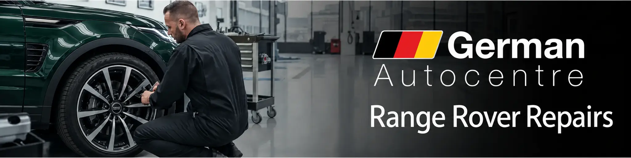 Technician working on a Range Rover Evoque wheel at German Autocentre