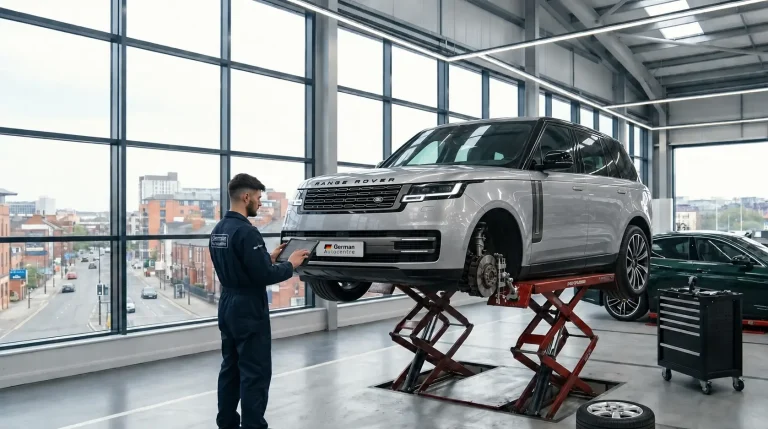 Silver Range Rover undergoing a service inspection at German Autocentre in Sheffield